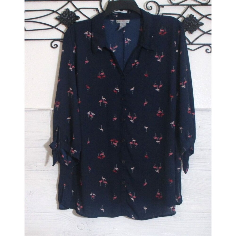 Catherines Women's Top Size 1X Long Sleeve Blue Flamingos Button Up